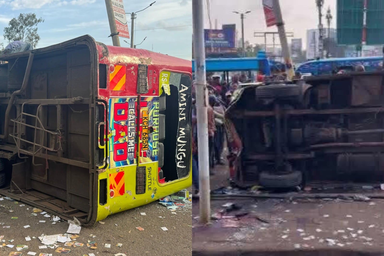 Collage photo of a bus involved in an accident at Ngara in Nairobi.